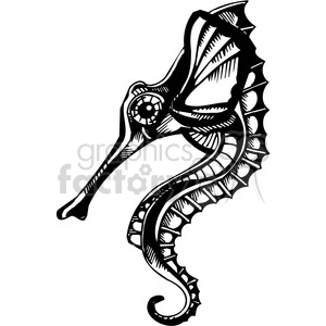 The clipart image depicts a stylized and ornamental seahorse. The design is intricate and bold, with a strong contrast between black and white areas, suitable for use in vinyl cutting or tattoo design. The seahorse has an elongated snout, an eye with a detailed pattern, a dorsal fin with spiky protrusions, and a curled, decorative tail with various patterns and shapes embellishing its body.