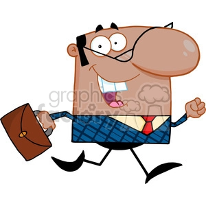 Clipart of Lucky African American Business Manager Running To Work With Briefcase