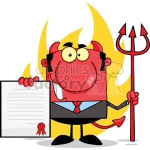 Clipart of Smiling Devil Boss With A Trident Holds Up A Contract In Front Of Flames