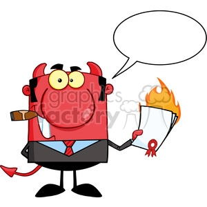 Clipart of Devil Boss Holding A Flaming Bad Contract In His Hand And Speech Bubble