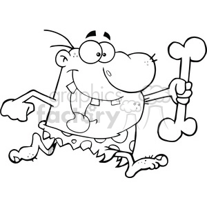 6808 Royalty Free Clip Art Black and White Caveman Running With A Big Bone