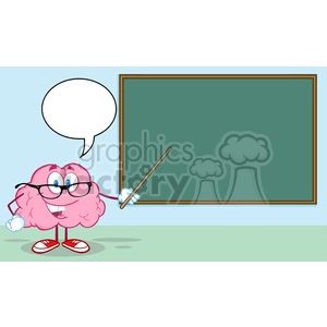 The image depicts a cartoon brain with a human-like face, glasses, white gloves, and red shoes. The brain is standing on its two leg-like stems in front of a green chalkboard, holding a pointer in one hand, as if it's about to start a lecture or presentation. There's also an empty speech bubble above, indicating that it's ready to say something or has already spoken. The overall scene conveys a humorous take on the concept of learning, education, or teaching.
