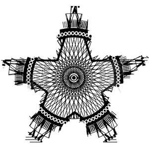 The image shows a complex geometric design that resembles a nautical star or compass rose intertwined with spirograph patterns. The design is symmetrical with a central circular focus point and intricate patterns radiating outward. The aesthetic is reminiscent of a black ink tattoo with a maritime or navigational theme.