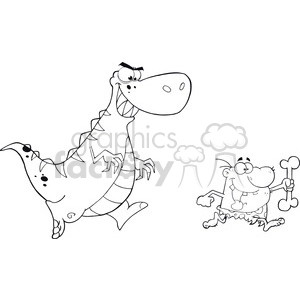 6814 Royalty Free Clip Art Black and White Angry Dinosaur Chasing A Caveman