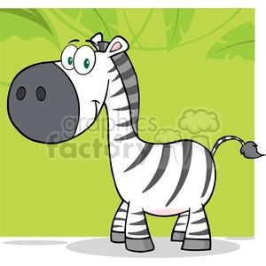 This is a cartoon clipart image of a stylized, funny zebra standing in front of a green, leafy background which suggests a jungle or zoo setting. The zebra has a large nose, big green eyes, and a playful expression. It features the characteristic black and white stripes of a zebra.