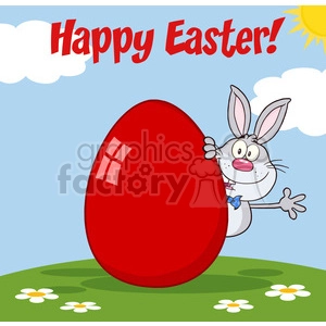 Royalty Free RF Clipart Illustration Happy Easter From Gray Rabbit Cartoon Character Waving Behinde Egg