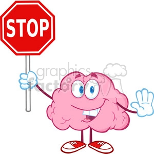 5836 Royalty Free Clip Art Brain Cartoon Character Holding A Stop Sign