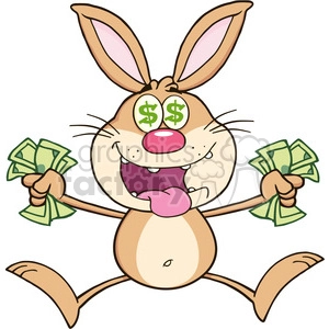 Rich Brown Rabbit Cartoon Character Jumping With Cash