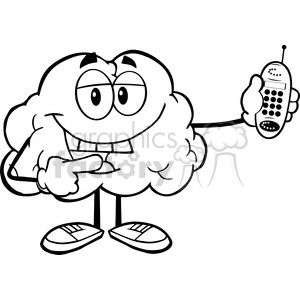 6000 Royalty Free Clip Art Happy Brain Character Holding A Mobile Phone