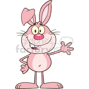 Royalty Free RF Clipart Illustration Smiling Pink Rabbit Cartoon Character Waving For Greeting