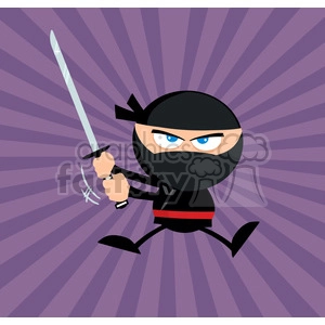 Royalty Free RF Clipart Illustration Angry Ninja Warrior Jumping With Katana Flat Design Over Purple Background