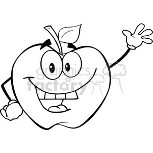 6501 Royalty Free Clip Art Black and White Apple Cartoon Mascot Character Waving For Greeting