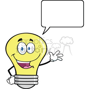 6101 Royalty Free Clip Art Light Bulb Cartoon Mascot Character Waving For Greeting With Speech Bubble