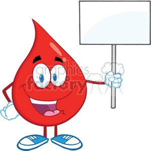 6203 Royalty Free Clip Art Happy Red Blood Drop Character Holding Up A Blank Sign