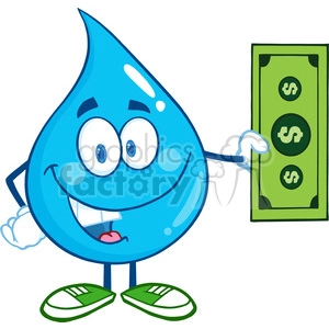 6235 Royalty Free Clip Art Water Drop Character Showing A Dollar Bill