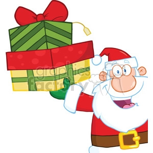 6683 Royalty Free Clip Art Smiling Santa Claus Holding Up A Stack Of Gifts