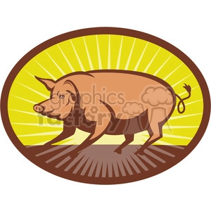 The clipart image depicts a stylized representation of a pig within a circular frame with a retro sunburst yellow background. The pig is shown in profile, with a curled tail and a standing pose, often associated with farm animals or livestock themes.