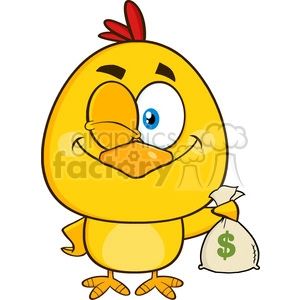 royalty free rf clipart illustration yellow chick cartoon character winking and holding a money bag vector illustration isolated on white