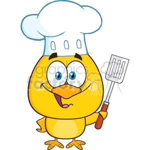 royalty free rf clipart illustration happy chef yellow chick cartoon character holding a slotted spatula vector illustration isolated on white