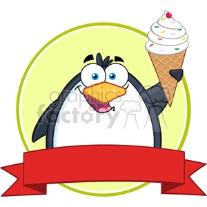 The clipart image features a cartoon penguin with a happy, amused expression, holding an ice cream cone in one of its wings. The penguin is placed in the center of the image with a circular yellow background and a red banner below where text can be added.
