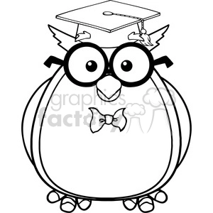 This clipart image features a whimsical cartoon owl with exaggerated large round eyes, wearing a graduation cap (mortarboard) on its head and a bow tie. The owl is also wearing round glasses, which contributes to the stereotypical image of an owl as wise or scholarly. The image is in black and white line art, suitable for coloring or educational purposes.