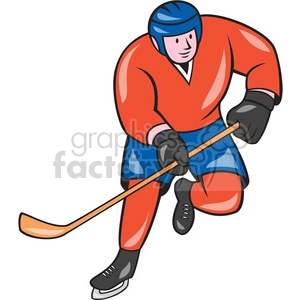 The clipart image depicts an ice hockey player in action, likely during a game or practice. The player is wearing full gear, including a helmet, gloves, and skates, and appears to be holding a hockey stick with both hands. They are bent slightly forward, as if skating quickly or preparing to take a shot or pass the puck. In the background, there are lines on the ice that indicate a hockey rink.
