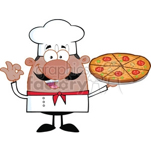 The clipart image features a cartoon chef holding a pizza. The chef is wearing a typical white chef's hat and a white double-breasted jacket with a red kerchief. He has a large brown mustache, wide eyes, and is making an OK gesture with one hand while holding a round pizza on a pan with the other. The pizza appears to have toppings like pepperoni, mushrooms, and green olives, and it is pre-sliced.