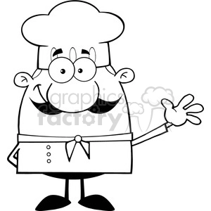 This clipart image features a cartoon chef. The character is smiling and has big, round eyes, a mustache, and is wearing a chef's hat, neckerchief, and an apron. The chef is holding out one hand as if gesturing or presenting something.