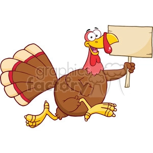 Royalty Free RF Clipart Illustration Happy Turkey Bird Cartoon Character Running With A Blank Wood Sign