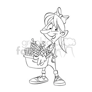 girl holding basket of fruit black and white