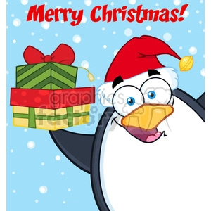 This clipart image features a comical cartoon penguin wearing a red Santa hat. The penguin has large expressive eyes, a big orange beak, and a cheerful expression. In the background, there is a green gift with a red ribbon and a tag, suggesting a Christmas present. The words Merry Christmas! are prominently displayed at the top against a blue snowy backdrop.