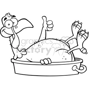 Royalty Free RF Clipart Illustration Black And White Smiling Turkey Bird Cartoon Character In The Pan Giving A Thumb Up