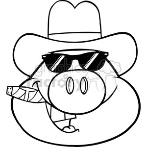 Royalty Free RF Clipart Illustration Black And White Pig Head Cartoon Character With Sunglasses Cowboy Hat And Cigar