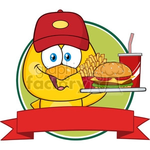 royalty free rf clipart illustration yellow chick cartoon character wearing a baseball cap and holding a fast food over a ribbon banner vector illustration isolated on white
