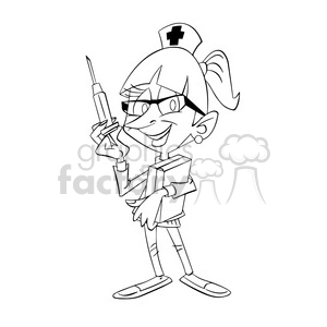 cartoon nurse holding needle black and white