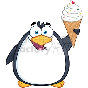 The image depicts a cartoon penguin holding an ice cream cone. The penguin appears quite cheerful, with wide blue eyes and an open orange beak, as if it's possibly laughing or screaming with excitement. Its flippers are outstretched, and the ice cream cone is topped with what looks like a swirl of vanilla ice cream sprinkled with colorful bits, complete with a red cherry on top.