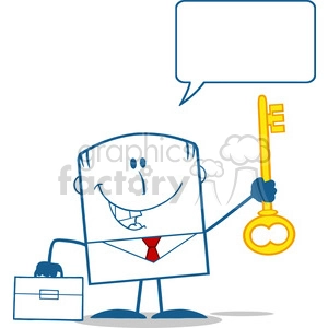 Royalty Free RF Clipart Illustration Happy Businessman With Briefcase Holding A Golden Key Monochrome Cartoon Character With Speech Bubble