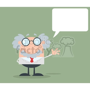 Royalty Free RF Clipart Illustration Funny Scientist Or Professor Waving With Speech Bubble Flat Design