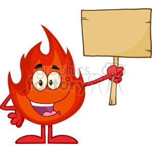 Royalty Free RF Clipart Illustration Fire Cartoon Mascot Character Holding A Wooden Board