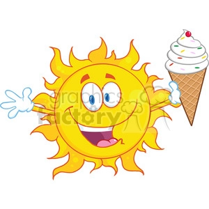 Royalty Free RF Clipart Illustration Happy Sun Cartoon Mascot Character Holding A Ice Cream