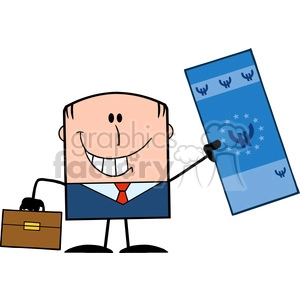 Royalty Free RF Clipart Illustration Lucky Businessman With Briefcase Holding A Euro Bill Cartoon Character