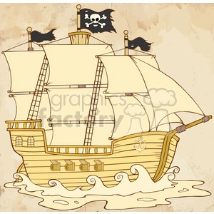Royalty Free RF Clipart Illustration Pirate Ship Sailing Under Jolly Roger Flag In Old Paper