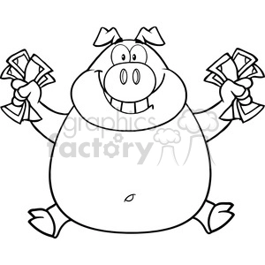 Royalty Free RF Clipart Illustration Black And White Smiling Rich Pig Jumping With Cash