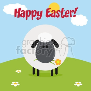 8232 Royalty Free RF Clipart Illustration Cute Black Head Sheep With Flower On A Hill Modern Flat Design Vector Illustration With Text