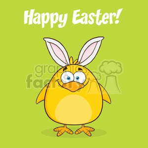 8600 Royalty Free RF Clipart Illustration Happy Easter With Smiling Yellow Chick Cartoon Character With Bunny Ears Vector Illustration