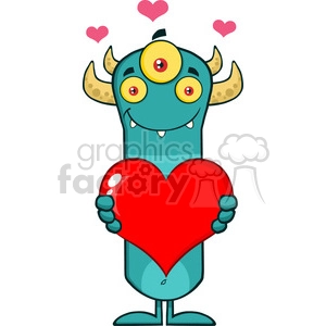 8925 Royalty Free RF Clipart Illustration Smiling Horned Blue Monster Cartoon Character Holding A Valentine Love Heart Vector Illustration Isolated On White