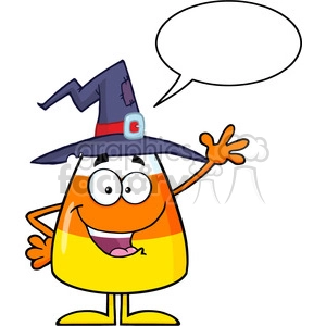 8886 Royalty Free RF Clipart Illustration Happy Candy Corn Cartoon Character With A Witch Hat Waving Vector Illustration Isolated On White With Speech Bubble