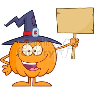 8895 Royalty Free RF Clipart Illustration Happy Witch Pumpkin Cartoon Character Holding Up A Blank Wood Sign Vector Illustration Isolated On White