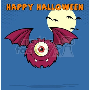 8912 Royalty Free RF Clipart Illustration Smiling Furry One Eyed Monster Cartoon Character Flying With Text Vector Illustration Greeting Card
