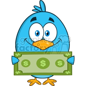 8836 Royalty Free RF Clipart Illustration Smiling Blue Bird Cartoon Character Showing A Dollar Bill Vector Illustration Isolated On White